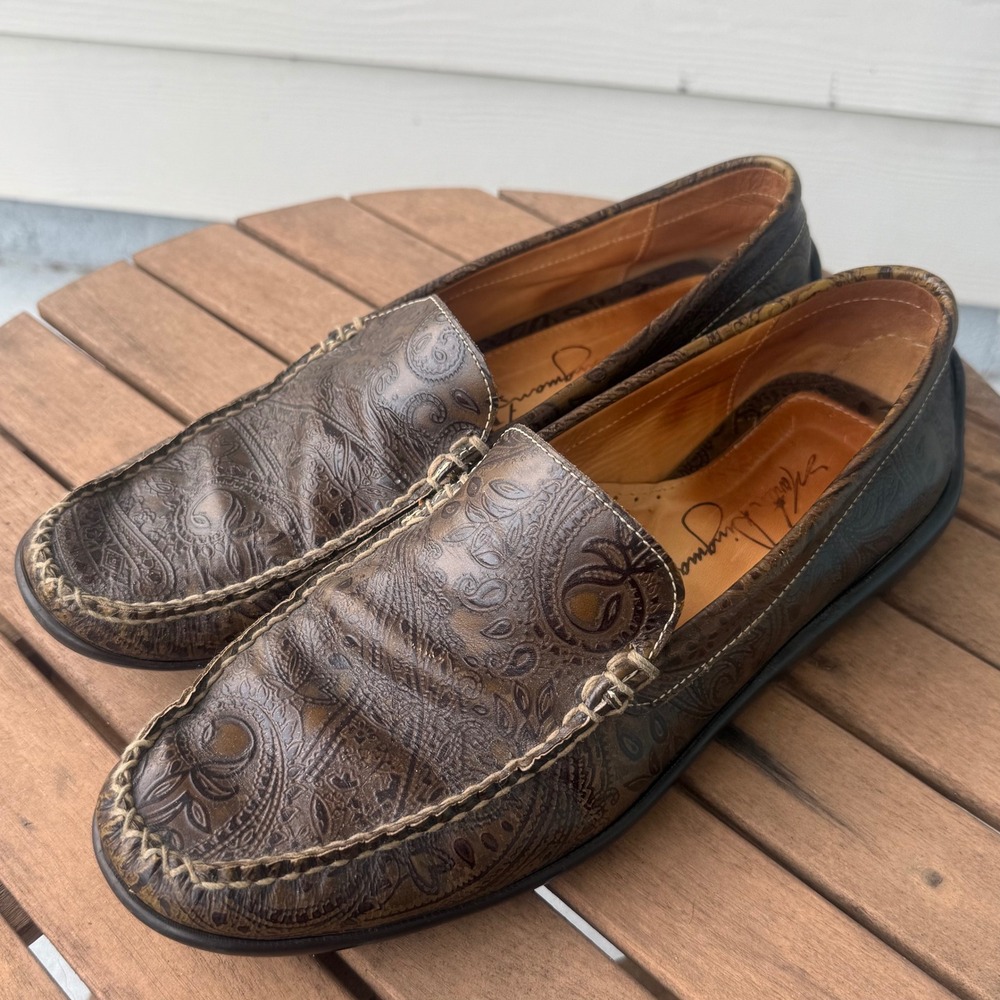 Martin Dingman Mens Brown Paisley Embossed Leather Driving Loafers 10.5 M Brazil